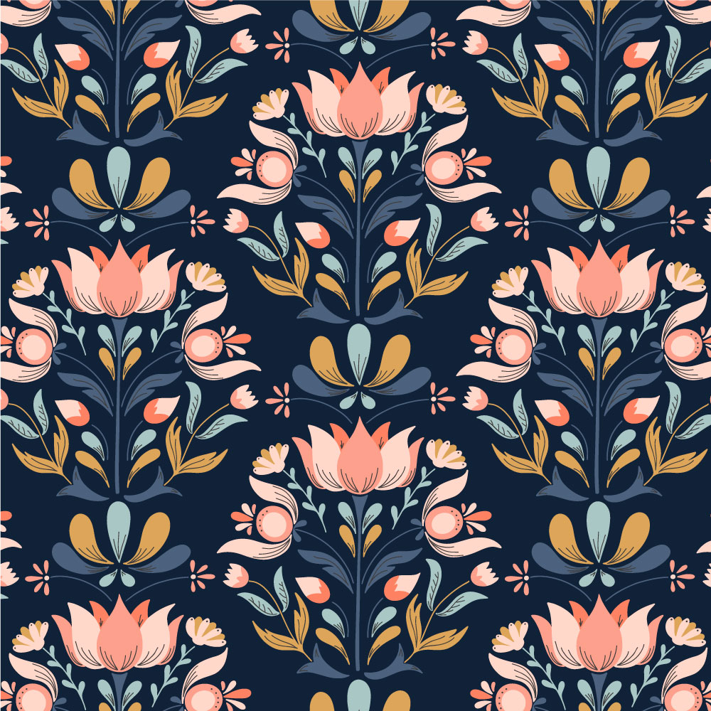 Portfolio swatch of a half-drop repeating pattern of pastel, folk-art inspired florals on a navy background.