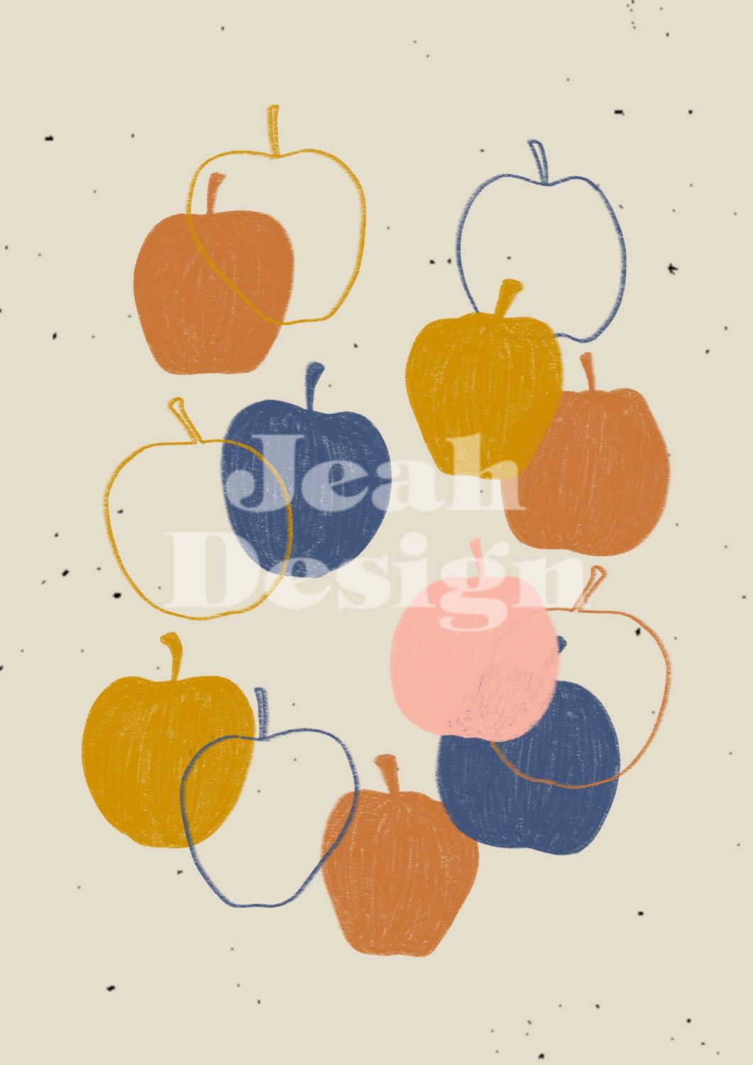 Art print with apple illustrations one it.