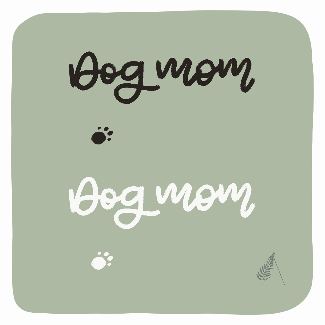 Two "Dog mom" GIF sticker with script writing and dog paw prints.