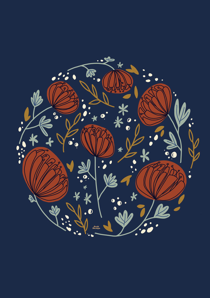 Scandinavian folk art inspired floral illustration on a navy blue background.