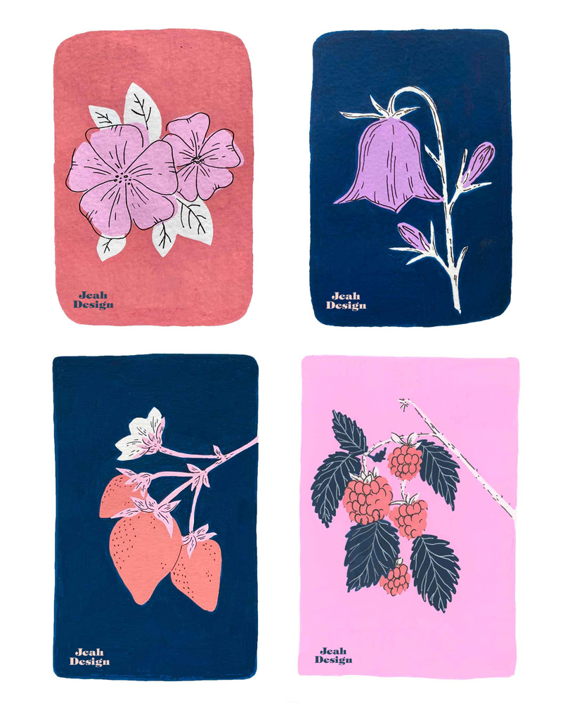 Four Posca pen illustrations of Flowers and berries in navy, coral red, pink and white colours.