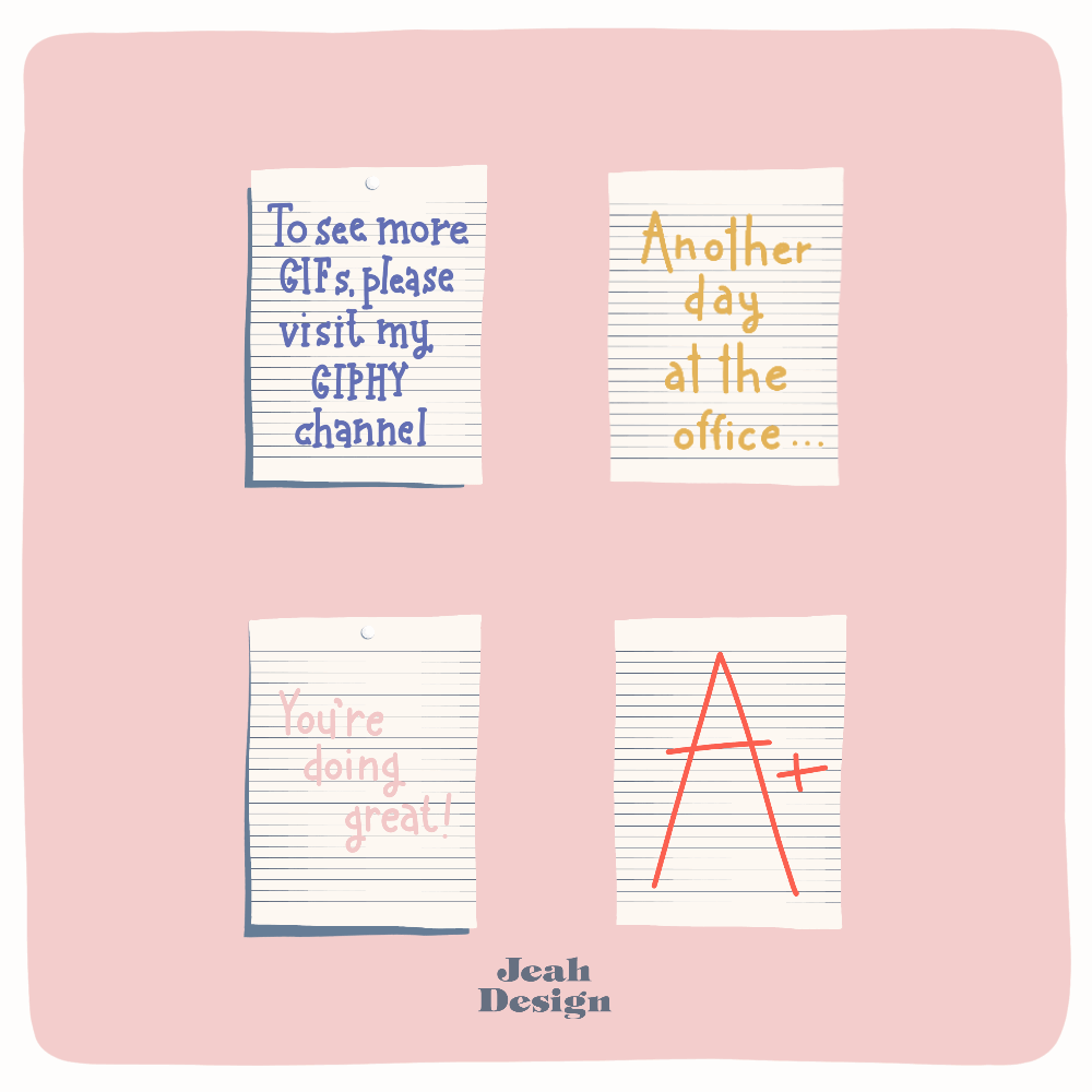 Illustrated GIF stickers of school notebook pages with short sentences, like 'Another day at the office'.