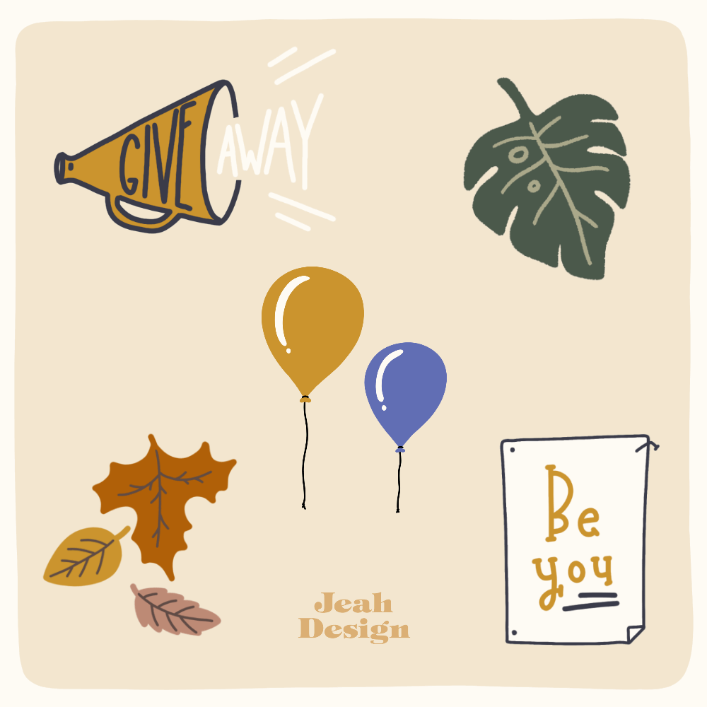 Illustrated GIFs of fall leaves, balloons, monstera, 'Be you' poster and megaphone.