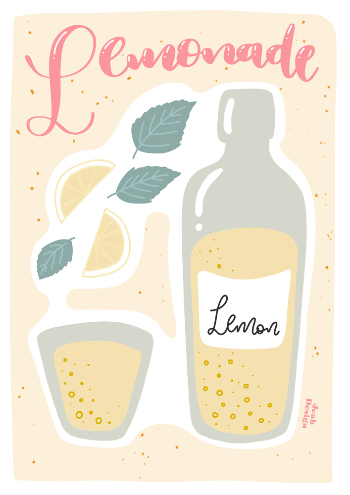 Digital illustration of a bottle of lemon joule and a glass of lemonade.