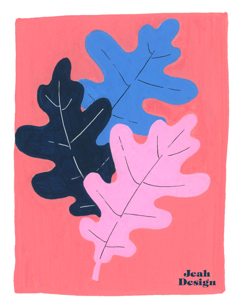 Three illustrated oak leaves created with Posca pink, navy and blue Posca markers.