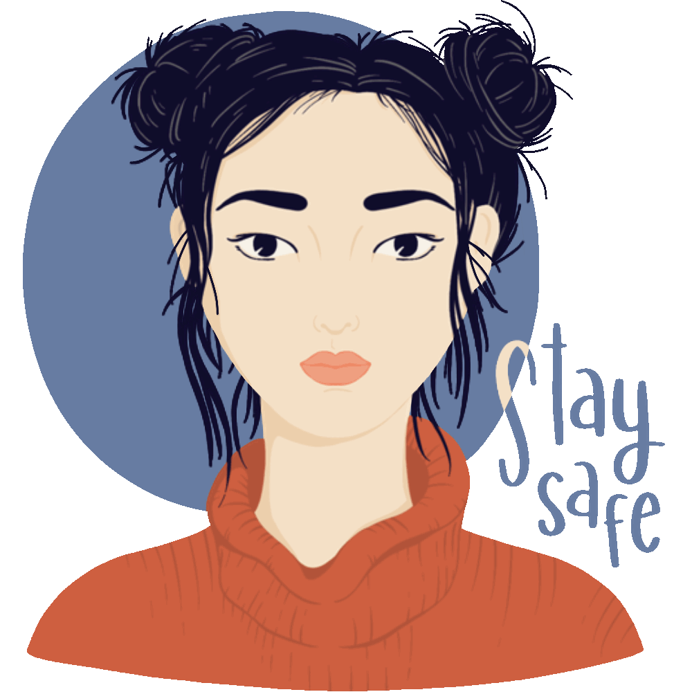 Animated illustration of an Asian girl with space buns and a terracotta jumper and a flashing 'Stay safe' text next to her and blue circle behind her.