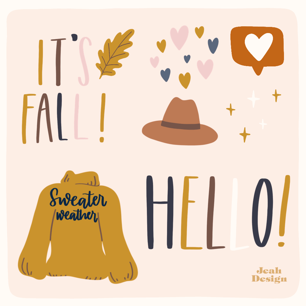 Animated text and illustration gif stickers in pastel and autumn colours.