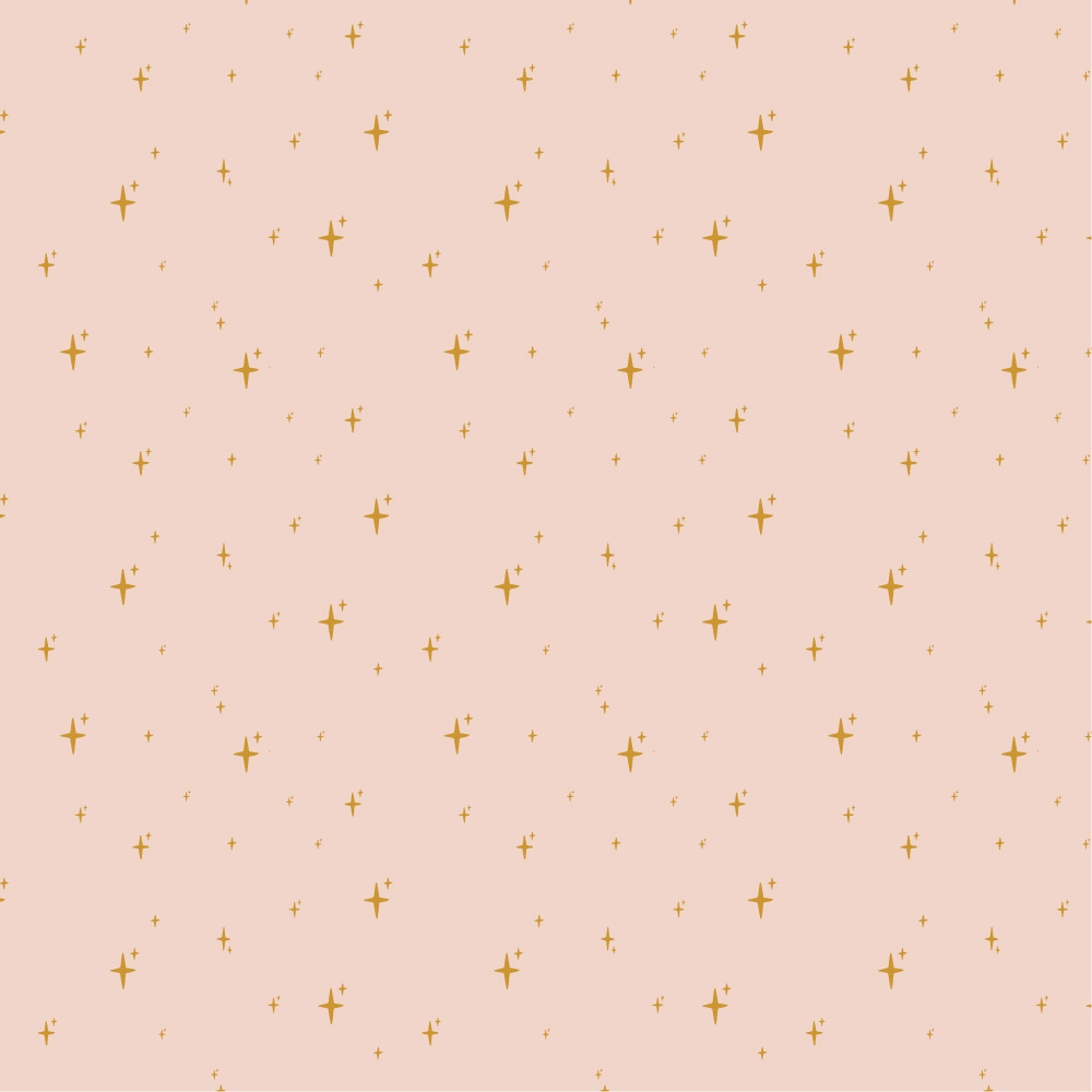 Surface pattern design of tiny ochre stars on a pale pink background.