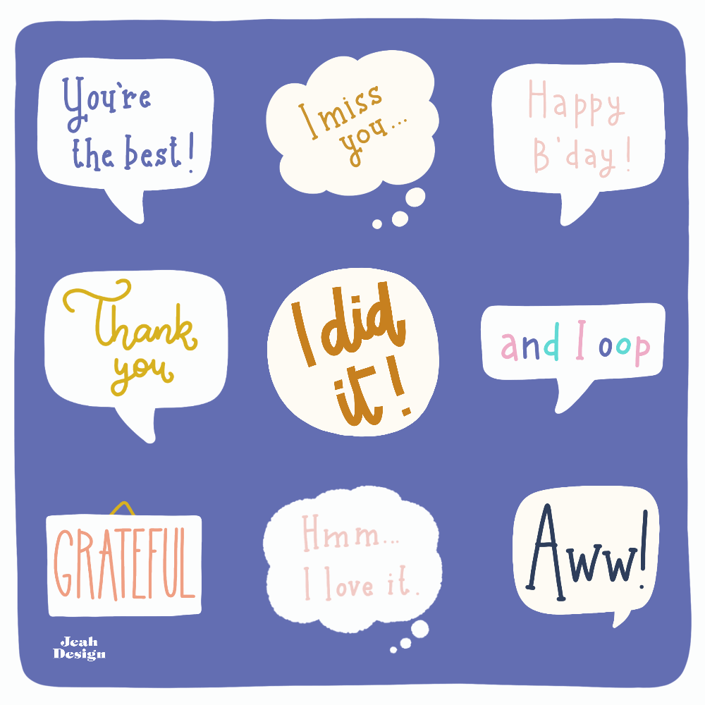Illustrated speech and thought bubble gif stickers in smalt blue, coral red, ochre and pastels.
