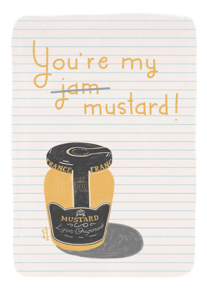 An illustrated jar of mustard and text saying 