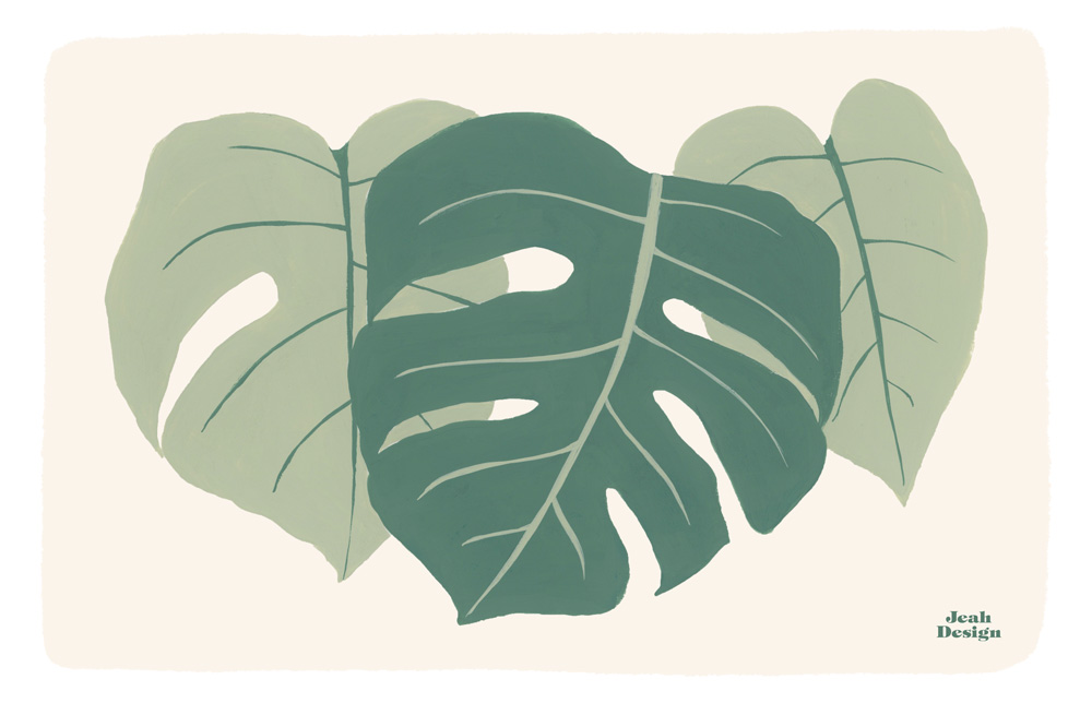 Illustrated monstera leaves on a light beige background painted with acryla gouache.