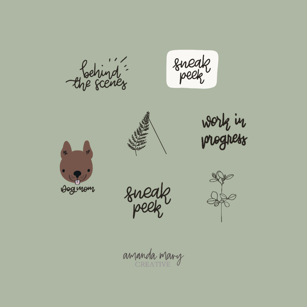 Client projects of illustrated gifs with florals and a dog, and script text slogans like 'Sneak peek', 'Behind the scenes' and 'Work in progress'.