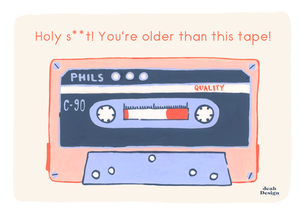 Gouache painting of a retro C-tape in pastel colours by Jeah Design.