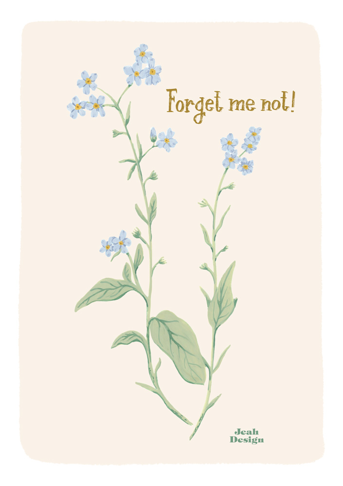 Hand-painted gouache Forget-me-nots on a beige background with the text 'Forget me not!'
