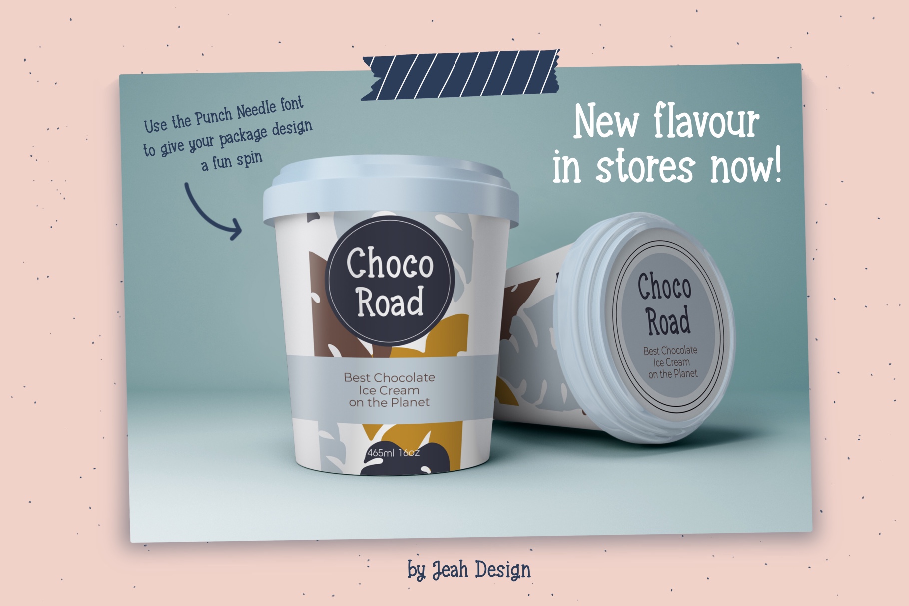 Mockup of a chocolate ice cream package that uses the Punch Needle serif font