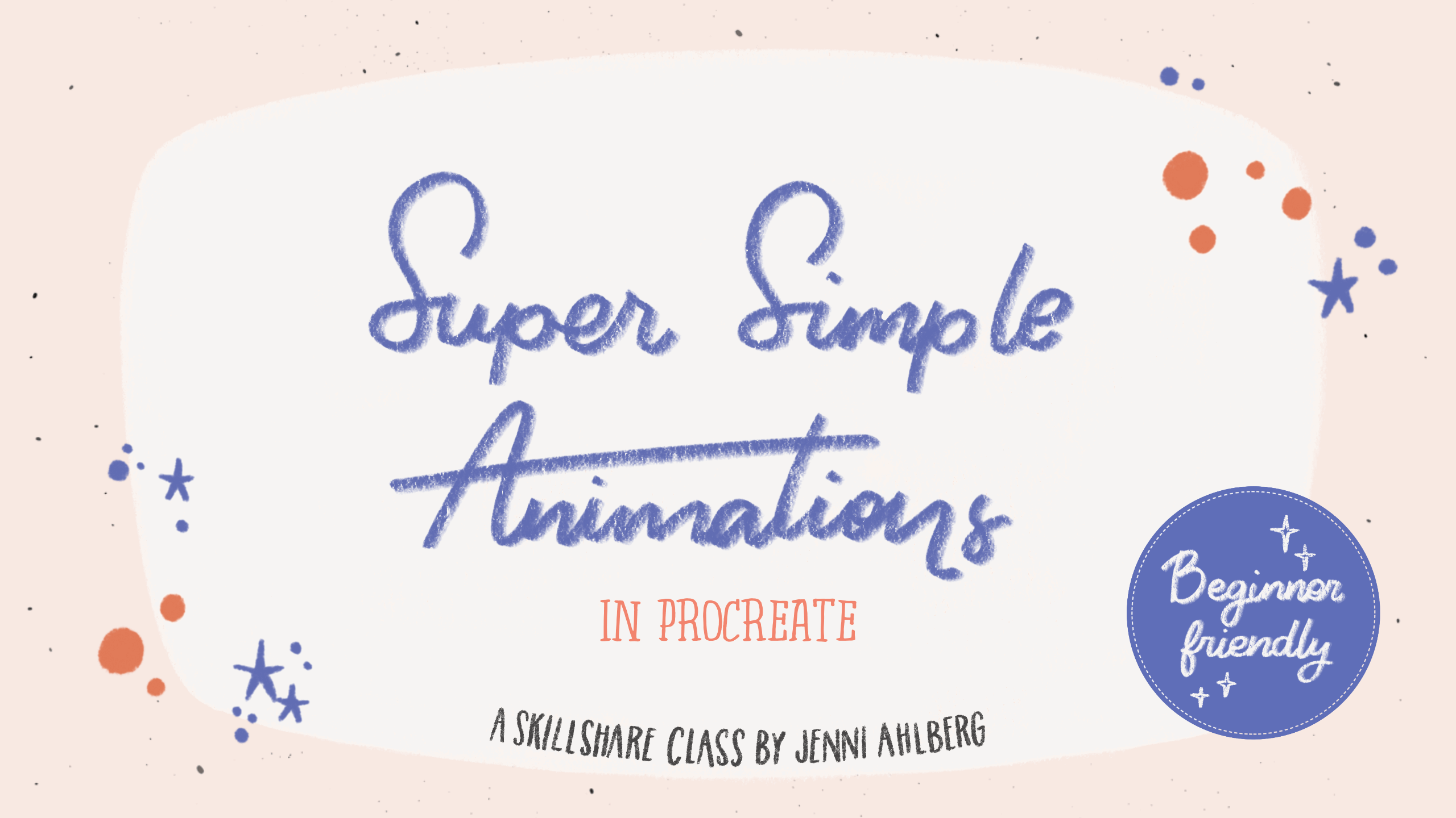 Animated blue text that says 'Super simple animations in Procreate' on a white and pink background with small moving motifs