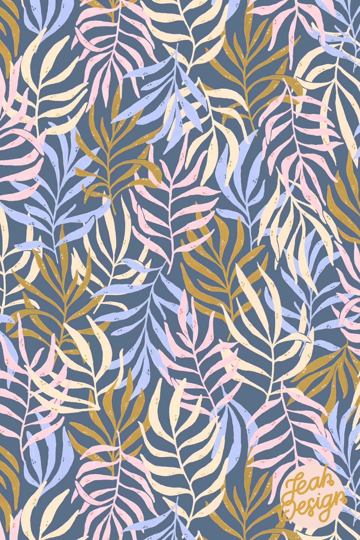 Repeat pattern of delicate gouache leaves in lavender blue, ochre, cream and pastel pink on a elemental blue background.