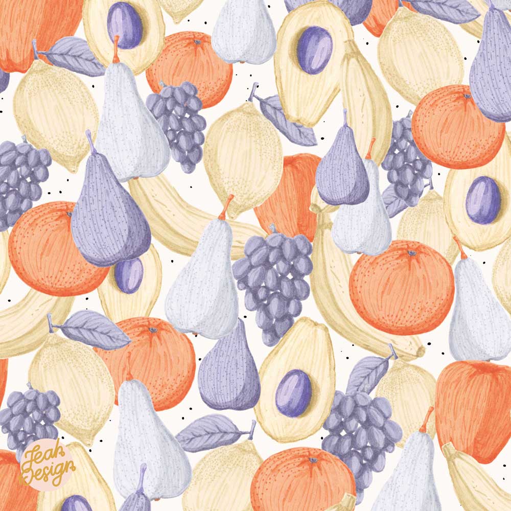 A dense repeat pattern with hand-drawn pears, oranges, grapes, bananas, lemons and avocados created with brush pens in orange, apricot crush, misty blue, digital lavender and sand colors.