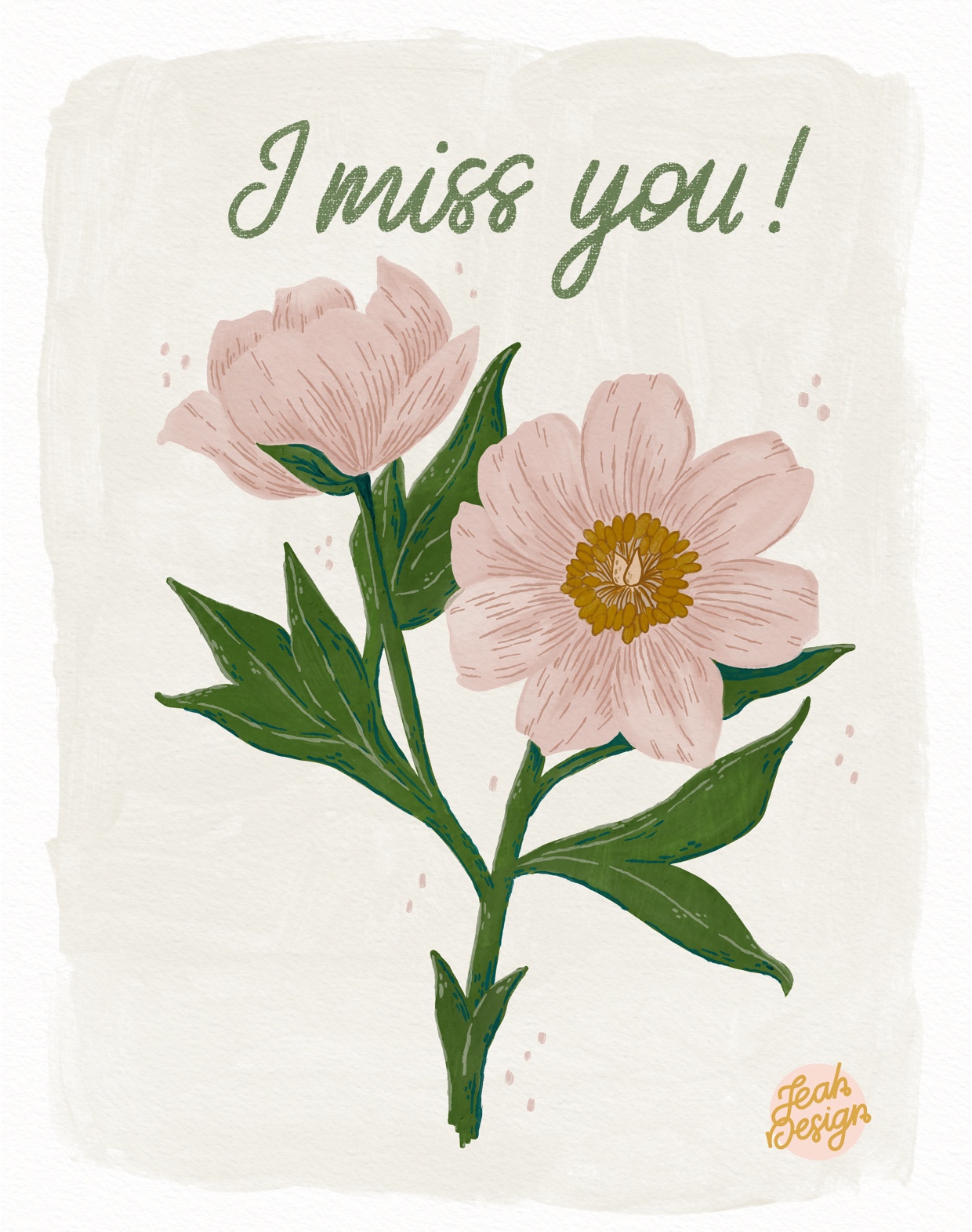 A digitally painted pastel greeting card with two flowers and the text 