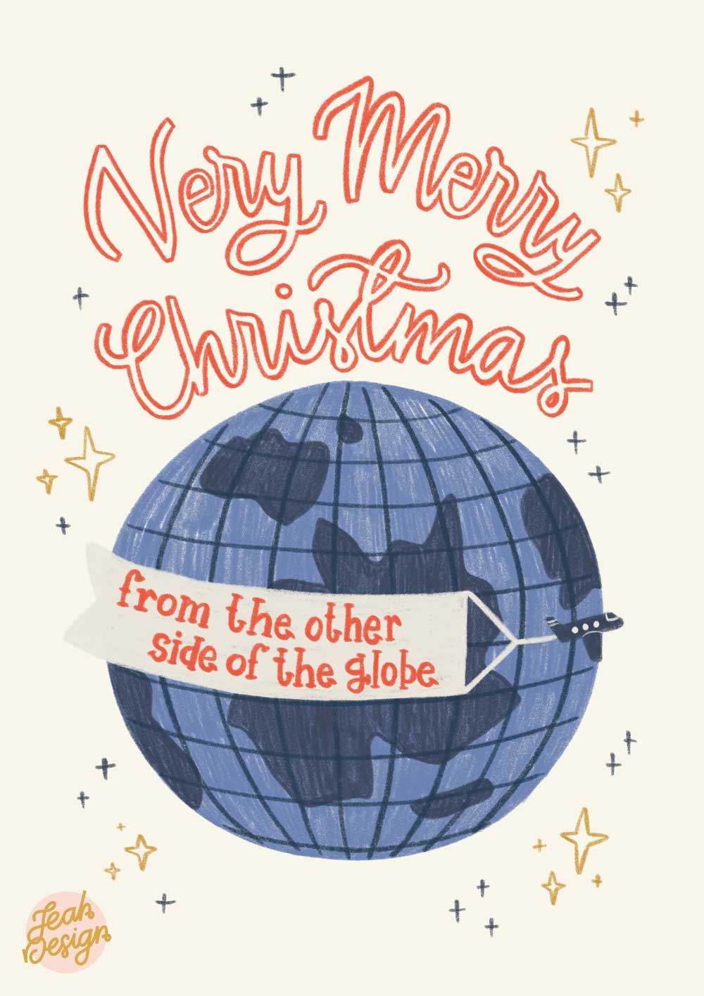 A Christmas card, with digital pencil drawing of an aeroplane pulling a banner and flying around blue earth (globe), with text 