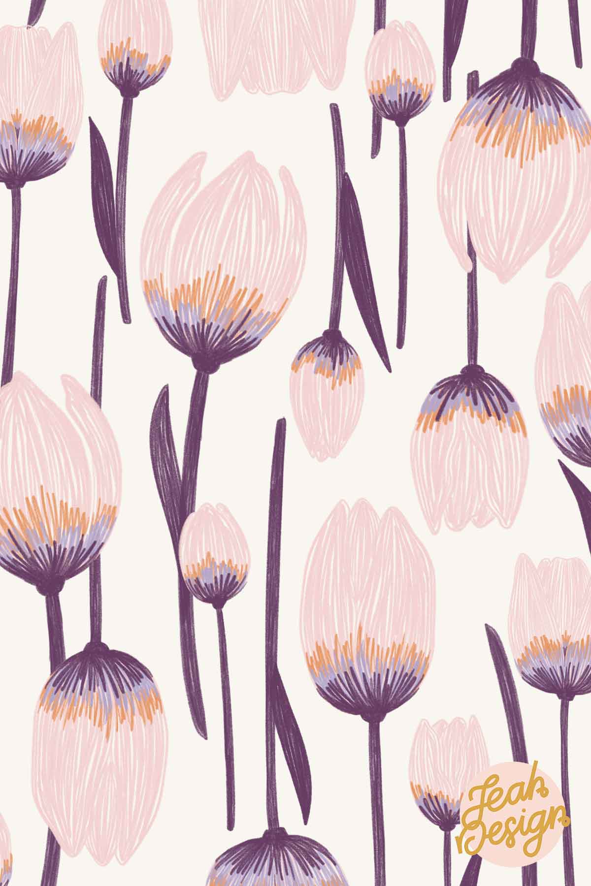 A floral two-way repeat pattern of hand-drawn tulips coloured in pastel pink, apricot crush, digital lavender and dusted grape.