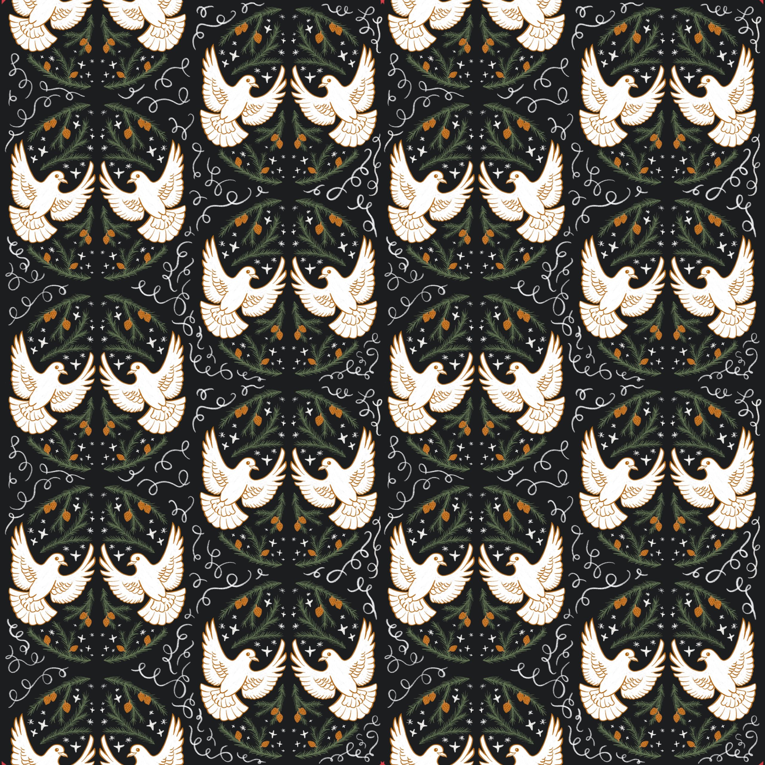 A half-drop pattern with two white digitally drawn doves in a circle with pine twigs and small pine cones on a dark background.