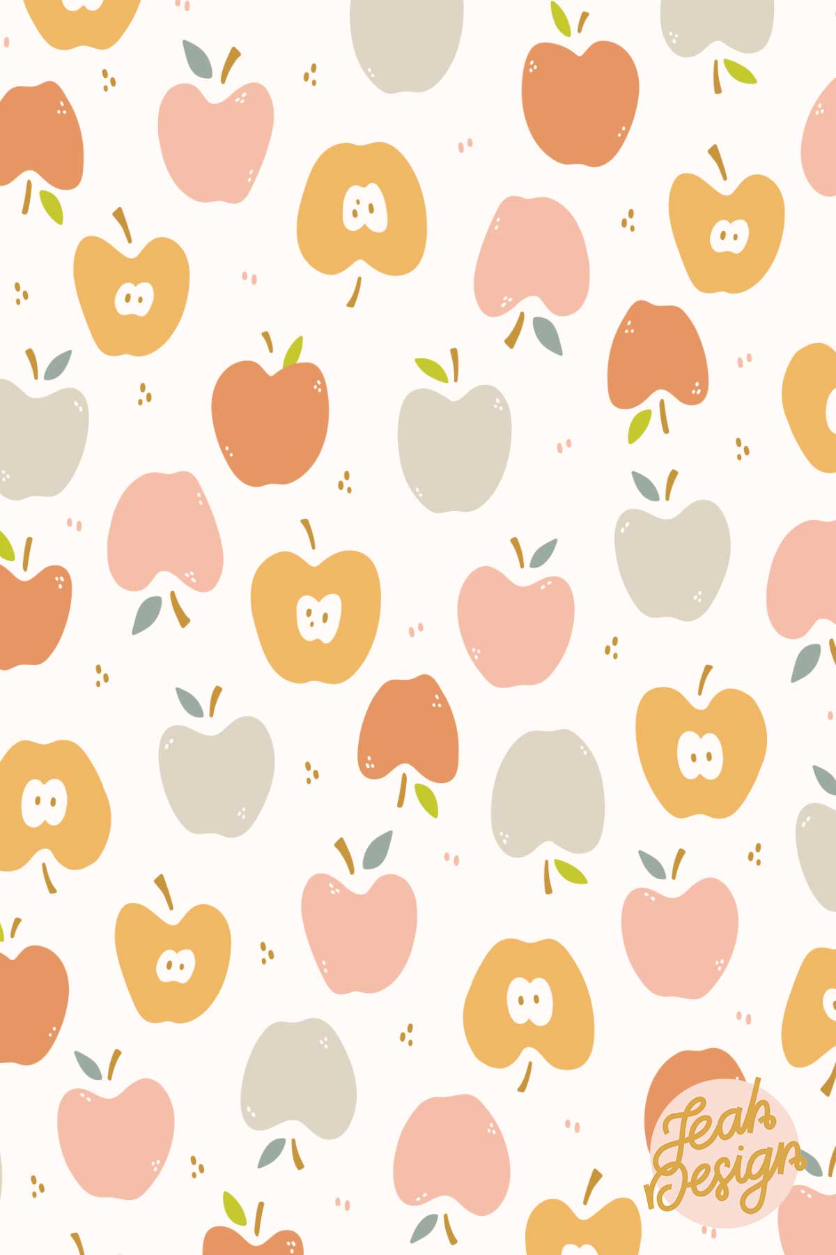 Digitally hand-drawn flat apples and apple halves in a two-way repeat pattern. Motifs are created in apricot crush, chalk, mellow peach and ochre yellow colours on a cream white background.