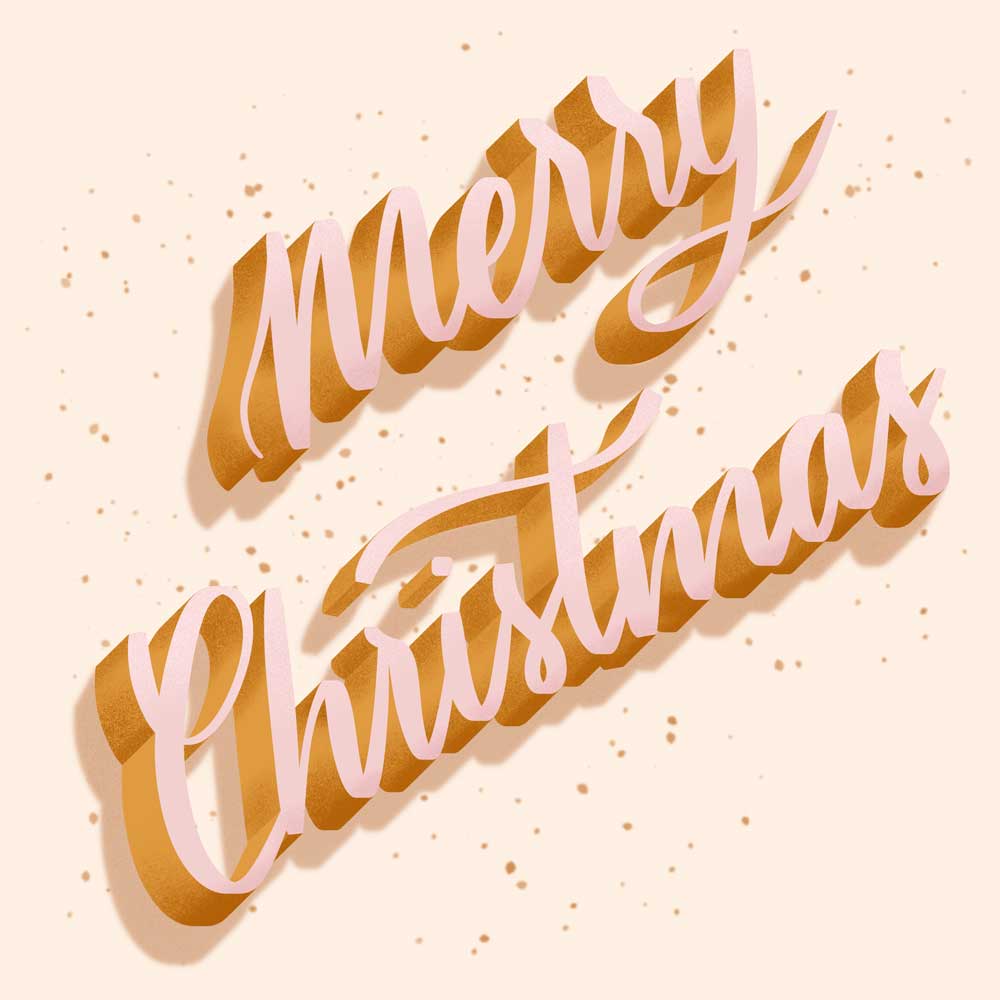 2D hand-lettered Christmas card with Merry Christmas in pastel letters written on a pale peach background.