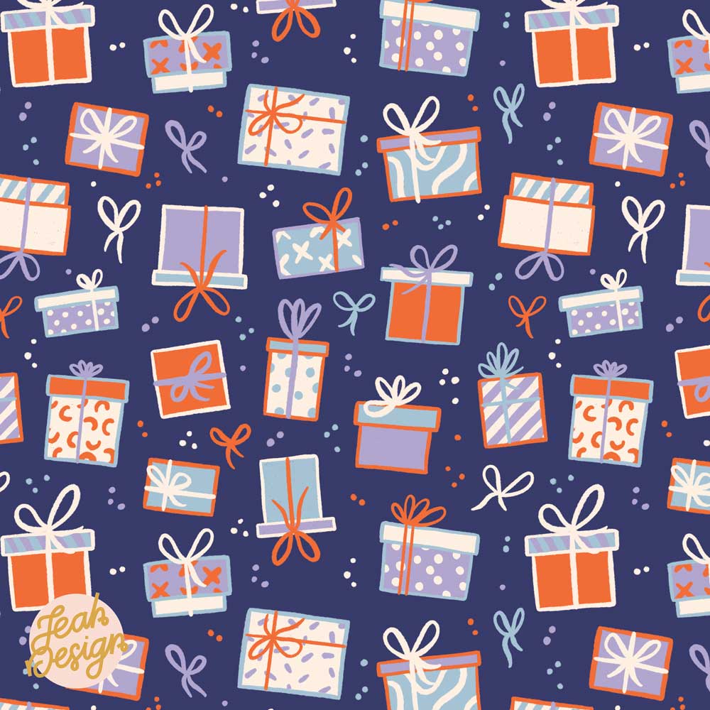 A tossed repeat pattern of gift parcels in different colours like pale blue, lilac, digital lavender, red and white all placed on a dark violet background.