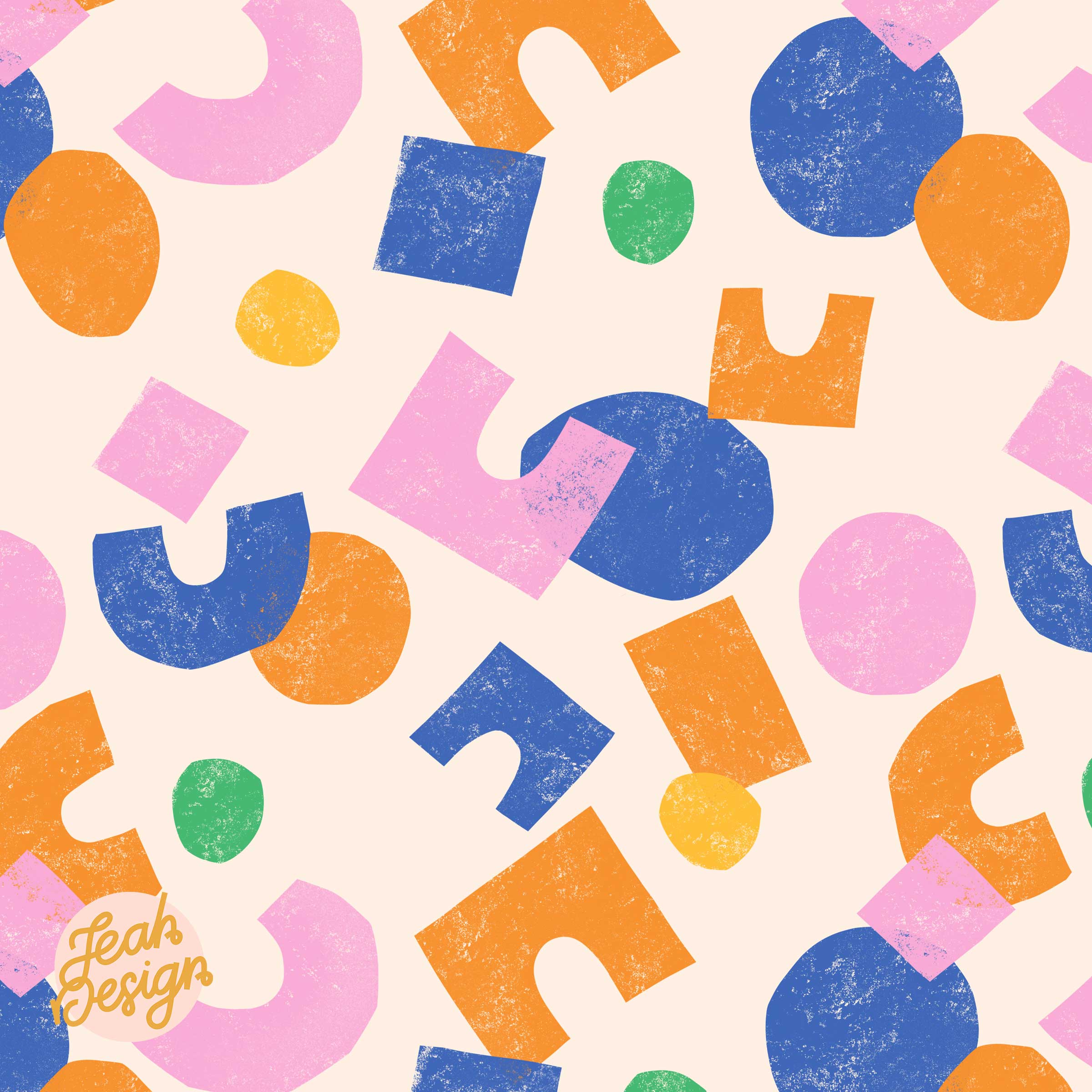 Repeati pattern with blocking printing inspired shapes like ovals, squares, rectangles, circles and arches in bright dopamine colours on a pale peach background.
