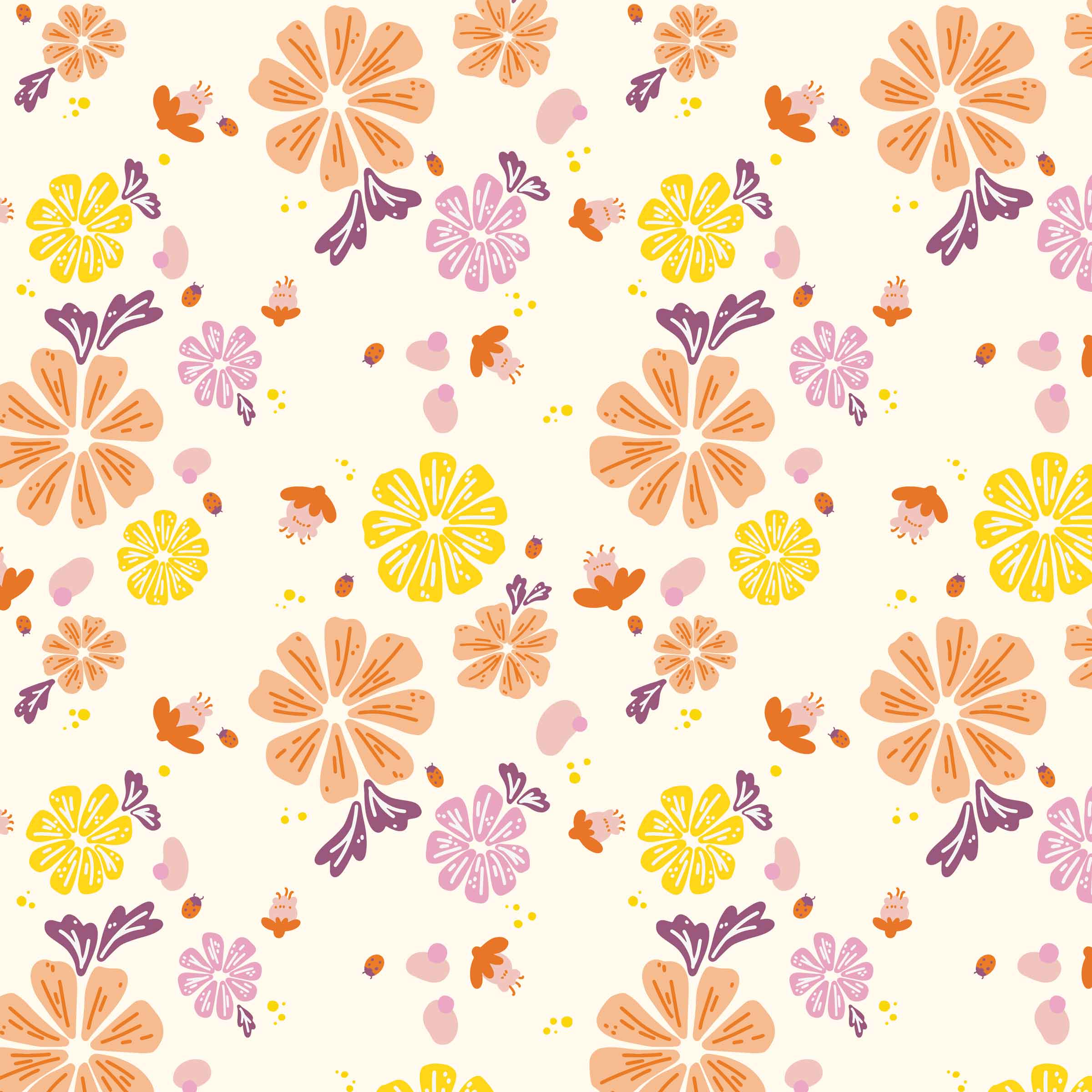 Repeat pattern with floral motifs in fresh orange and yellow colours with highlights of muted plum and pink. Creamy white background.