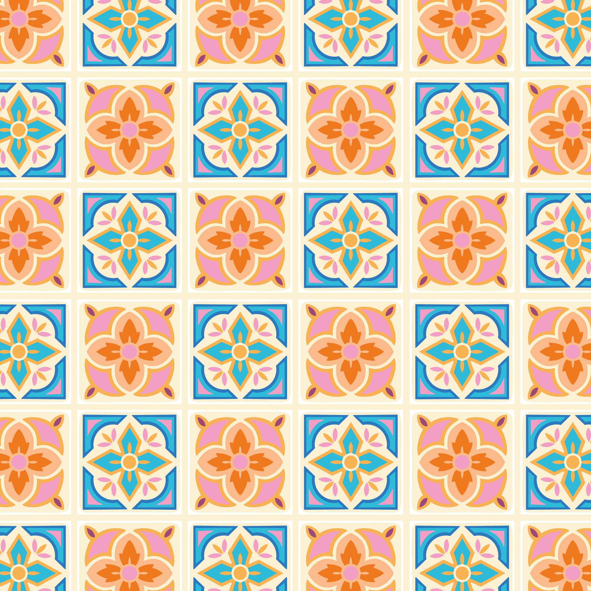 Moroccan tile inspired repeat pattern in bold pink and blue colours.