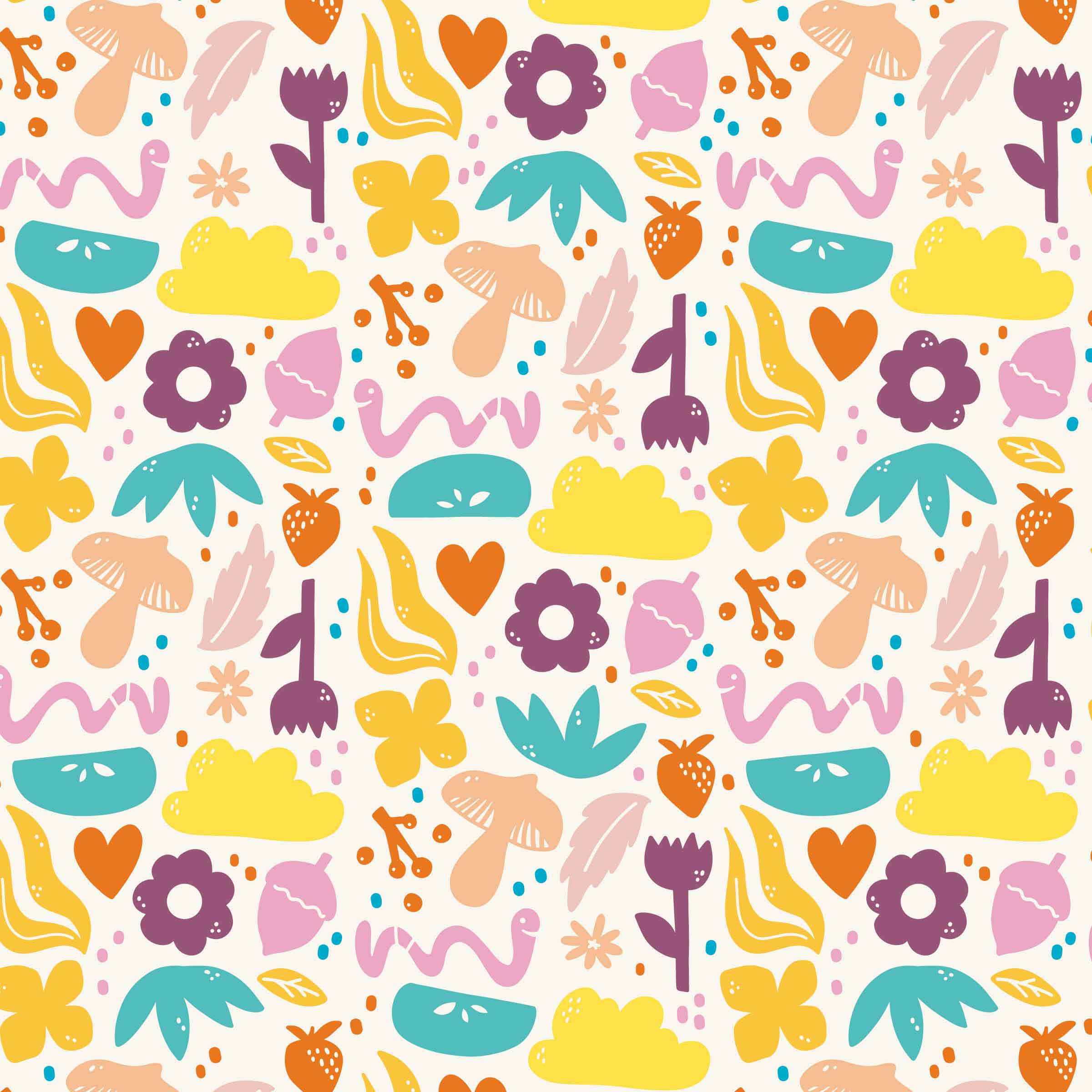 Repeat pattern with boldly coloured motifs that include mushrooms, apples, flowers, a worm, a heart, leaves, a strawberry, an acorn and berries. All coloured in bold yellow, turquoise, pale peach, muted plum and different pinks.