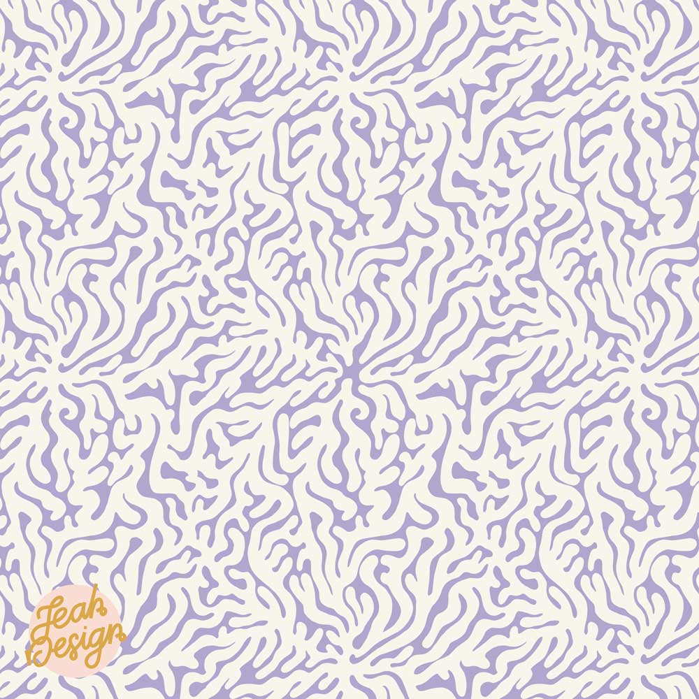 A repeat pattern of ivory white coral-like interconnected shapes on a digital lavender background.