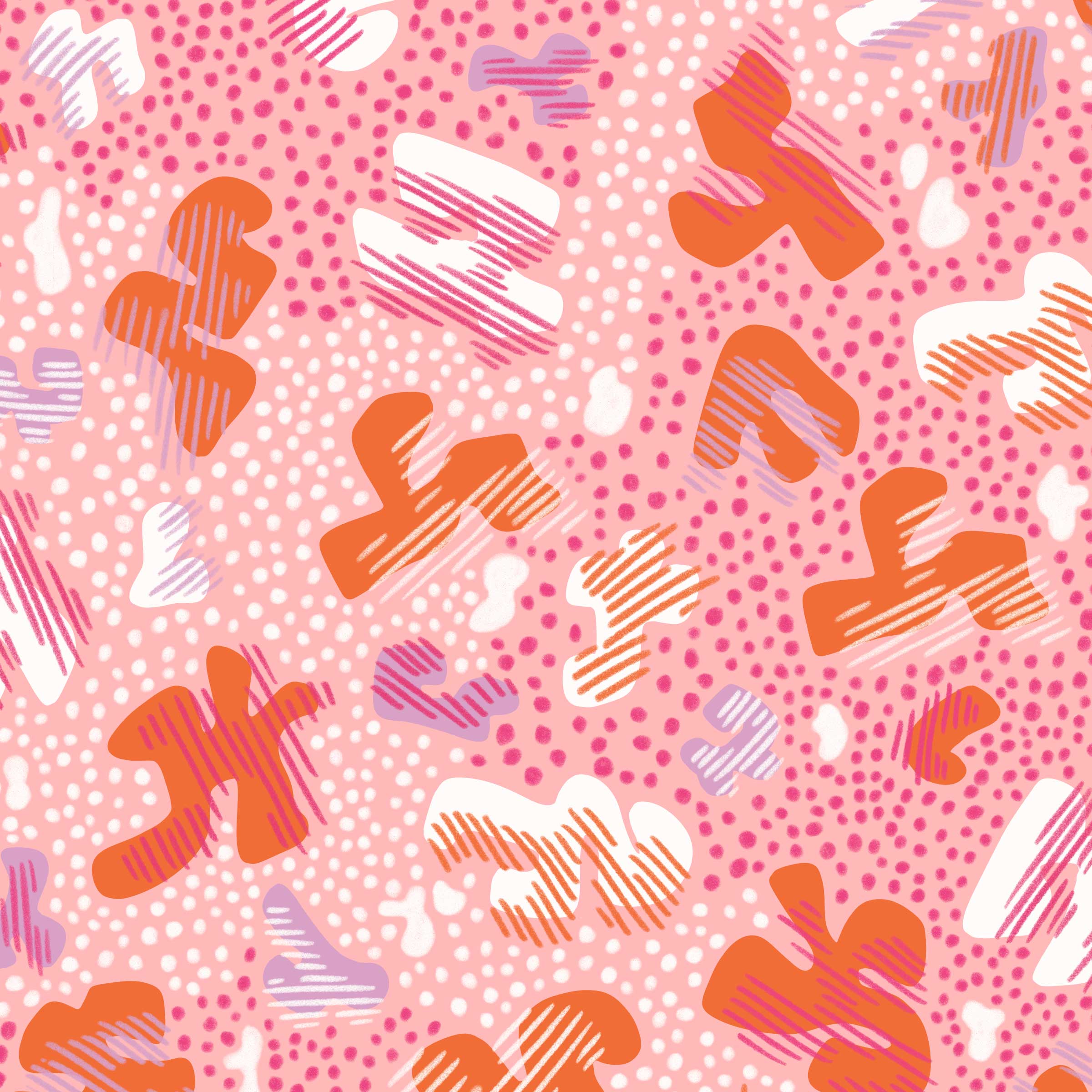 Repeat pattern with odd curvy shapes and small dots that cover the entire background. All coloured in different pinks, red, lilac and white.
