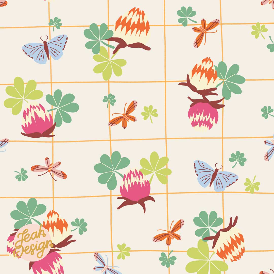 Repeat pattern with graphic glovers and butterflies coloured in bright and fresh colours like, pink, emerald green, soft blue and coral red. Background is checkered.