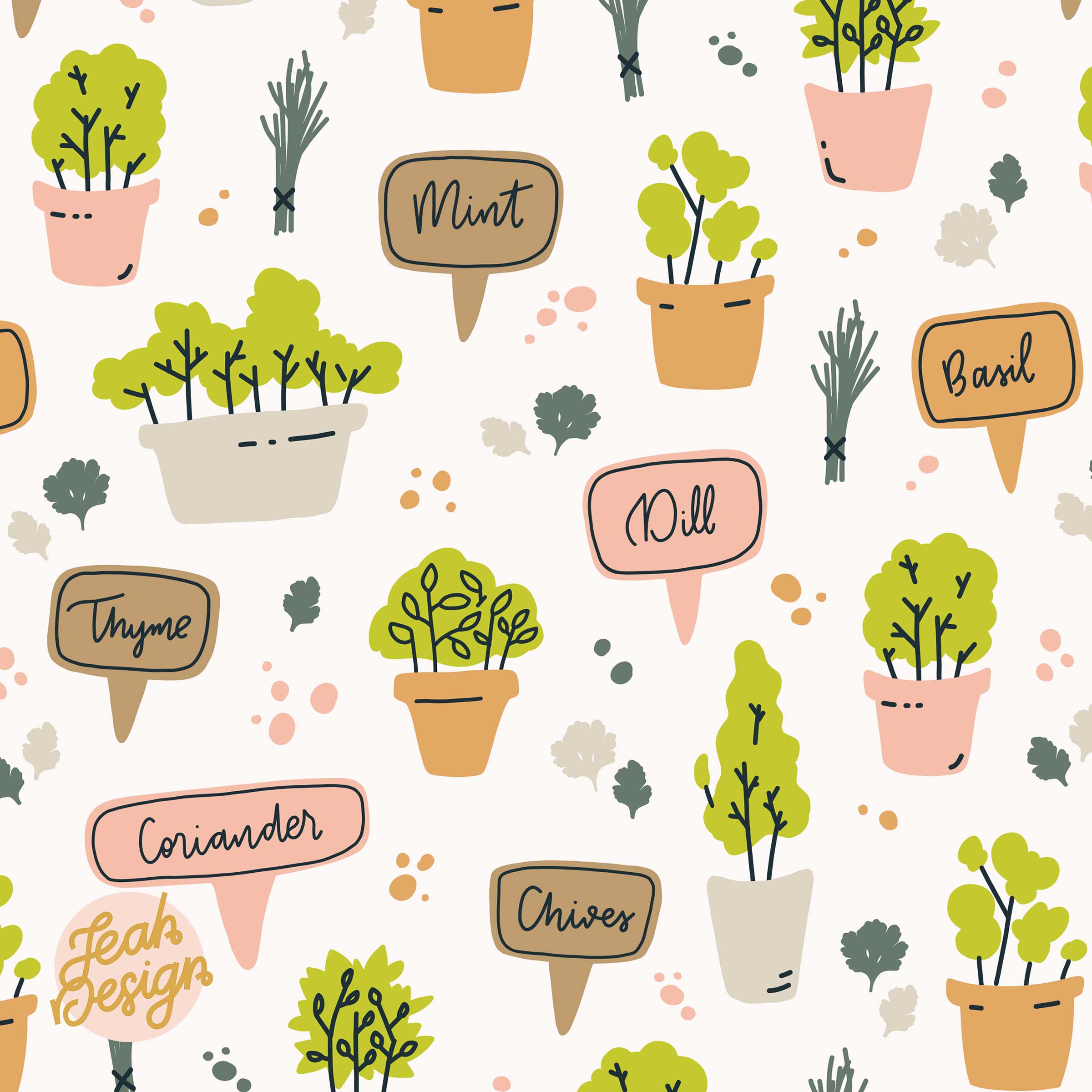 A repeating surface pattern design of illustrated herbs like basil, chives, mint, coriander and dill planted in different links of pots. Coloured in orange, lime green, soft grey, pale coral, sage green and creamy white.