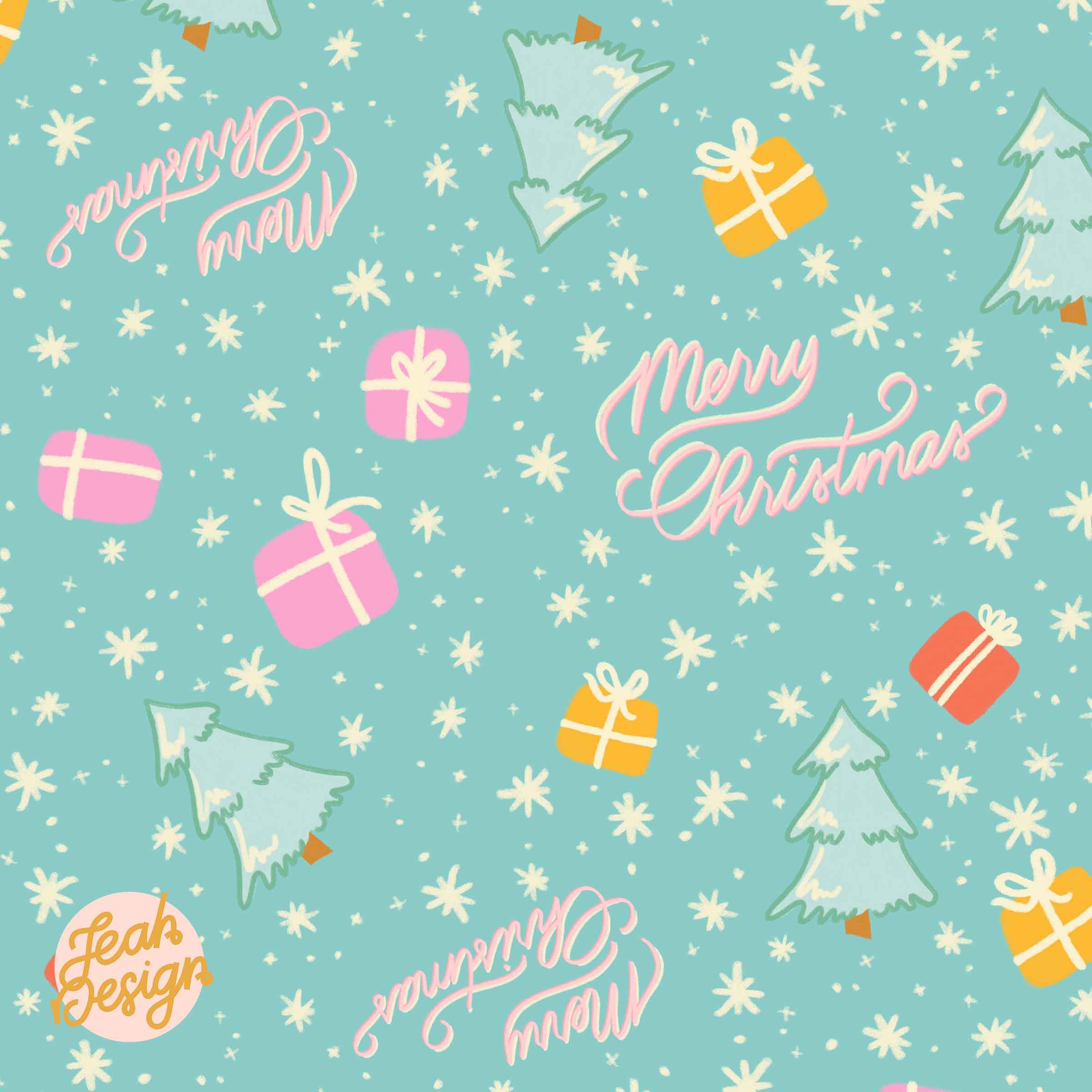 A scattered repeat pattern of snowy spruce trees, Christmas parcels, snowflakes and hand lettering that says 'Merry Christmas'. Coloured in pale turquoise, yellow, pink, red and white.