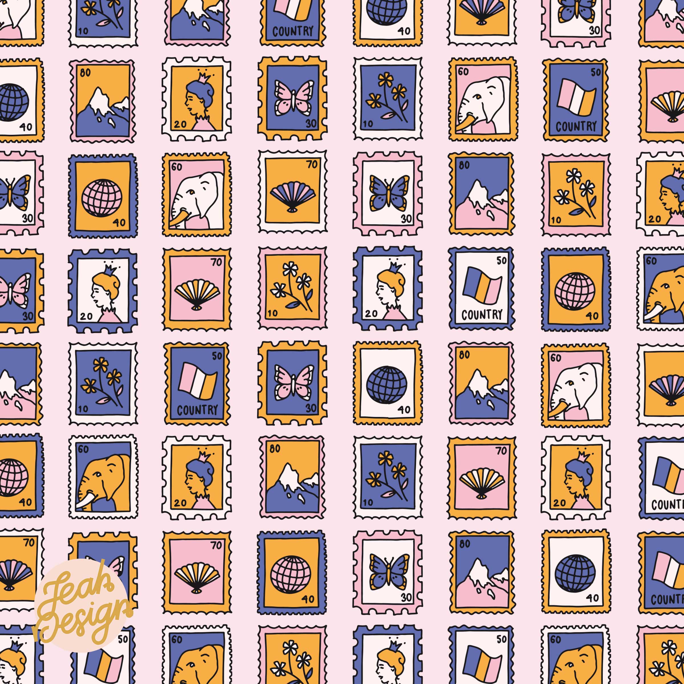 A repeating surface pattern with cute postage stamps illustrated in orange, soft ivory, dark lavender and pink colors.
